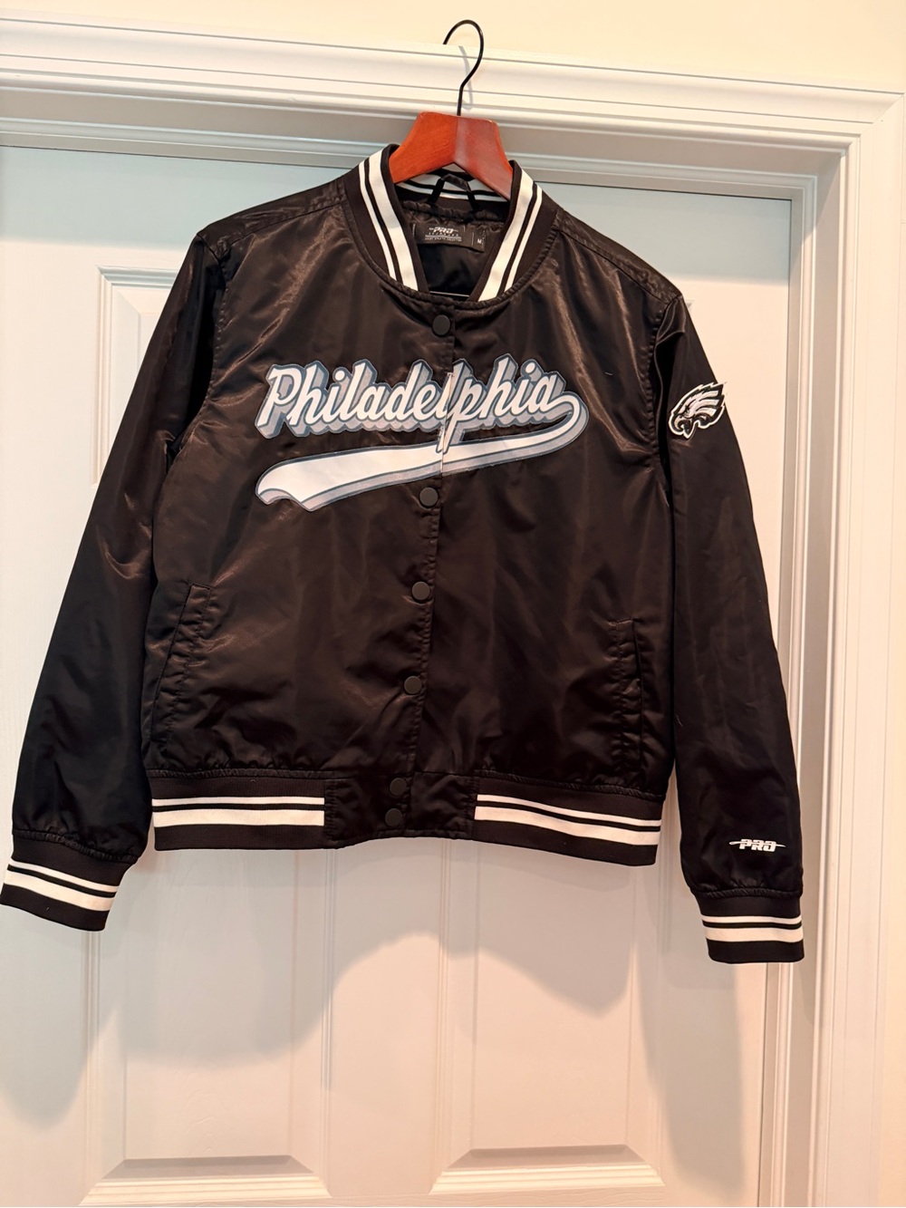Philadelphia Eagles Script Tail Full-Snap Black Satin Varsity Jacket Medium